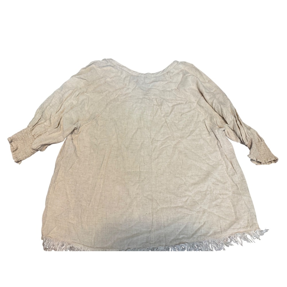 Umgee Linen Blend Henley Blouse Beige Boho Frayed Fringe Hem Smocked Sleeve L - Picture 6 of 7